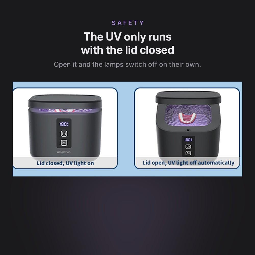 The ClearWave with the lid closed and the UV light on, and with the lid open and the UV light off automatically