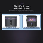 The ClearWave with the lid closed and the UV light on, and with the lid open and the UV light off automatically