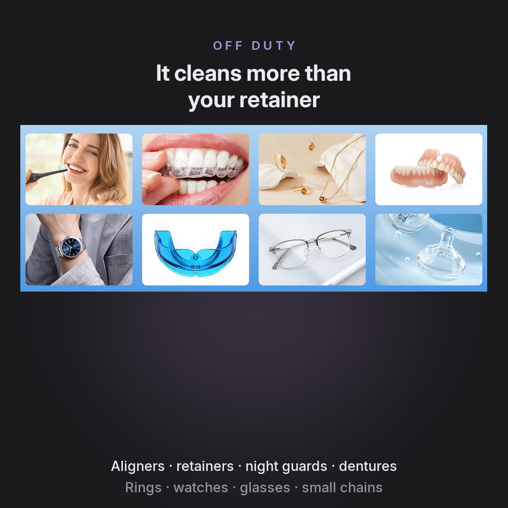 What the Ivelora ClearWave cleans: aligners, retainers, night guards, dentures, rings, watches, glasses and small chains