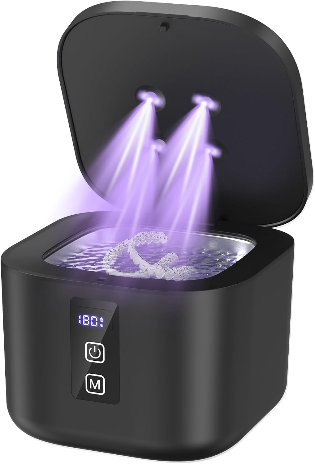 Ivelora ClearWave on a plain white background, lid open, a clear retainer sitting in the water with the UV light on