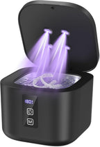 Ivelora ClearWave on a plain white background, lid open, a clear retainer sitting in the water with the UV light on