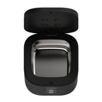 Real photo from above: the lid open, the four flush UV-C chips recessed in the lid, and the removable stainless steel basin