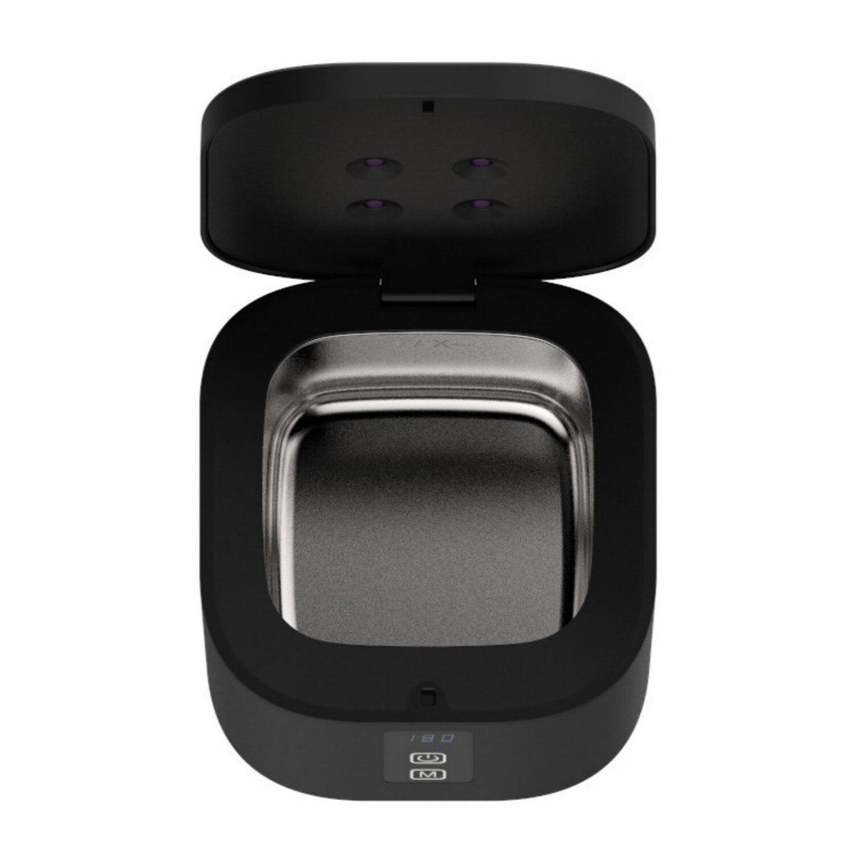 Real photo from above: the lid open, the four flush UV-C chips recessed in the lid, and the removable stainless steel basin